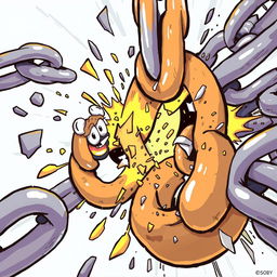 An illustration depicting extremely thick chains breaking apart, with a cartoonish style