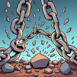 An illustration depicting extremely thick chains breaking apart, with a cartoonish style