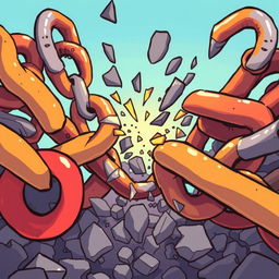 An illustration depicting extremely thick chains breaking apart, with a cartoonish style