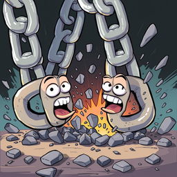 An illustration depicting extremely thick chains breaking apart, with a cartoonish style