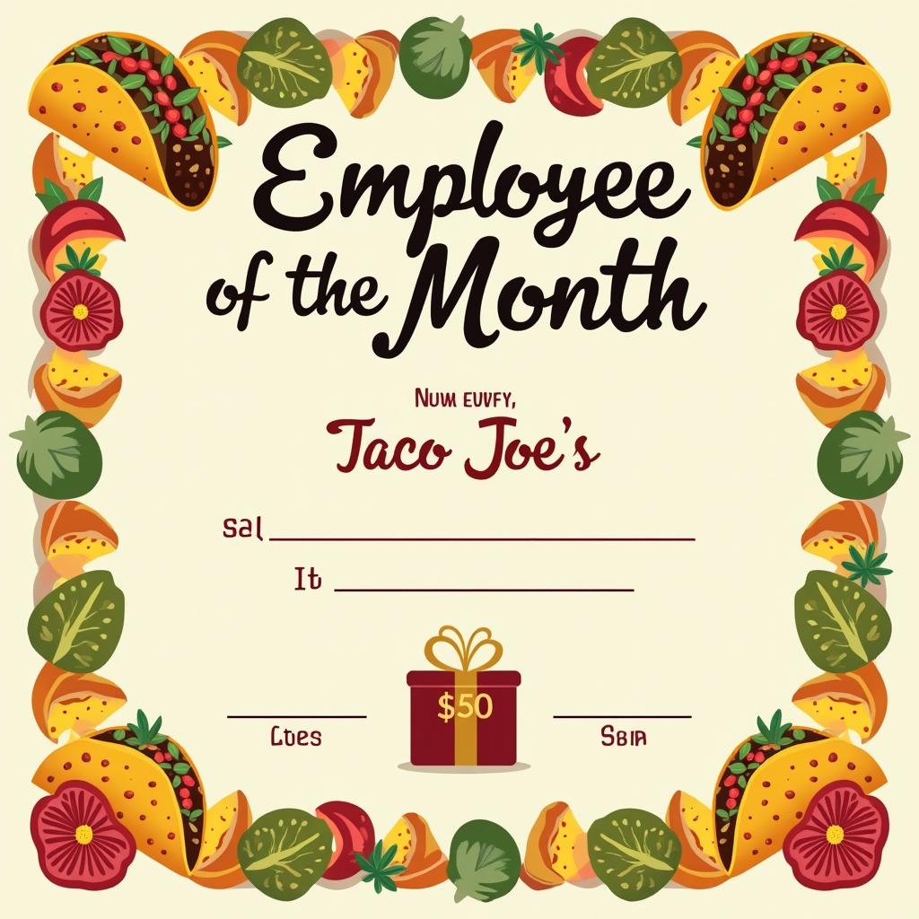 A beautifully designed Employee of the Month certificate for "Taco Joe's" featuring a vibrant and festive taco-themed border