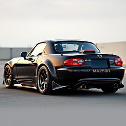 A high-resolution image depicting a second-generation Mazda MX-5 NB in sleek black, modified with a tuning style, captured from a distant perspective