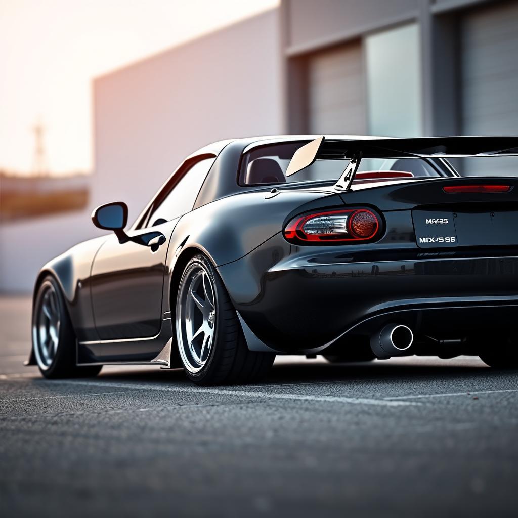 A high-resolution image depicting a second-generation Mazda MX-5 NB in sleek black, modified with a tuning style, captured from a distant perspective