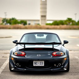 A high-resolution image depicting a second-generation Mazda MX-5 NB in sleek black, modified with a tuning style, captured from a distant perspective