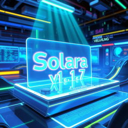 A detailed illustration of a shiny, futuristic hologram projecting the word 'Solara v1