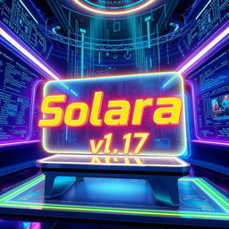 A detailed illustration of a shiny, futuristic hologram projecting the word 'Solara v1