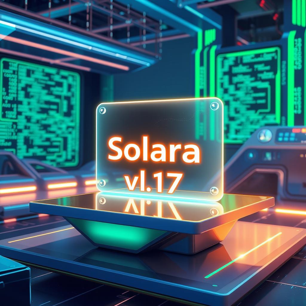 A detailed illustration of a shiny, futuristic hologram projecting the word 'Solara v1