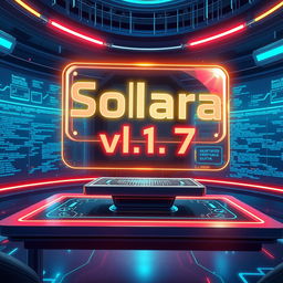 A detailed illustration of a shiny, futuristic hologram projecting the word 'Solara v1