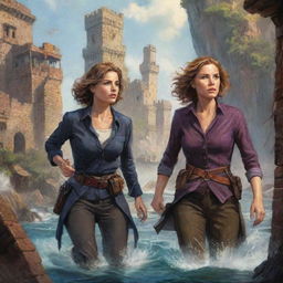 Action-packed illustration of Lila, Captain Steele and 'I' confronting perils and deciphering puzzles in Eldoria. Add an unpredictable element with the arrival of secretive Isabella, interwoven with the lost city in an inexplicable way.