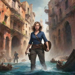 Action-packed illustration of Lila, Captain Steele and 'I' confronting perils and deciphering puzzles in Eldoria. Add an unpredictable element with the arrival of secretive Isabella, interwoven with the lost city in an inexplicable way.