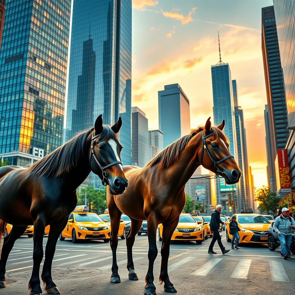 Two horses in the bustling city, surrounded by towering skyscrapers and a vibrant cityscape