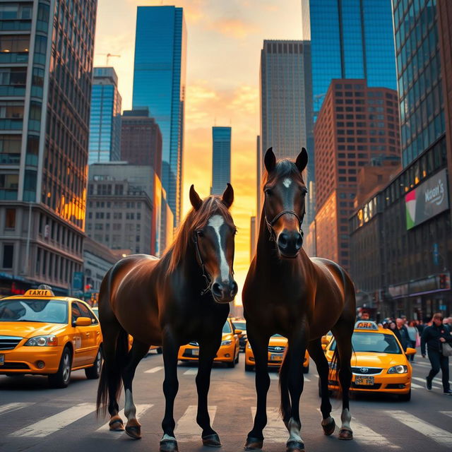 Two horses in the bustling city, surrounded by towering skyscrapers and a vibrant cityscape