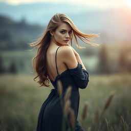 A serene Russian landscape featuring an elegant woman posing artistically in nature