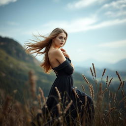 A serene Russian landscape featuring an elegant woman posing artistically in nature