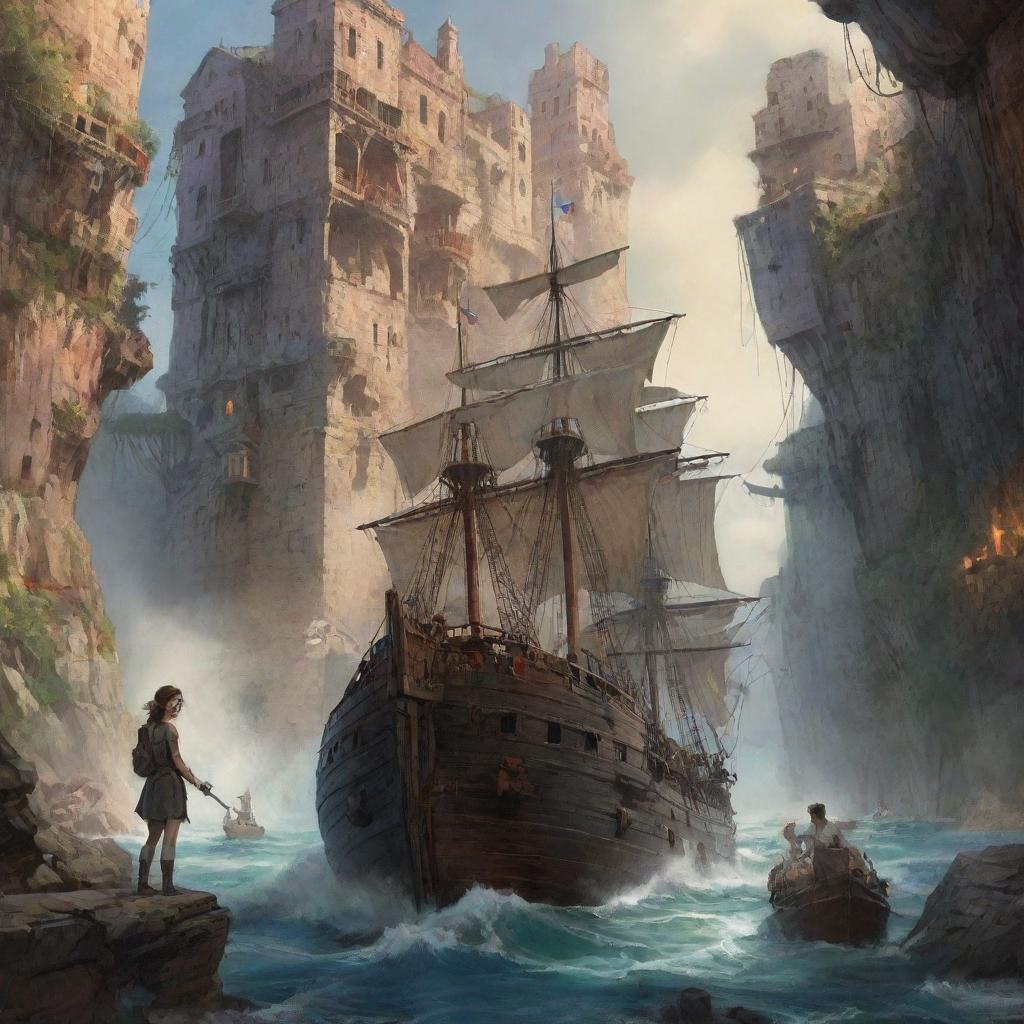 Action-packed illustration of Lila, Captain Steele and 'I' confronting perils and deciphering puzzles in Eldoria. Add an unpredictable element with the arrival of secretive Isabella, interwoven with the lost city in an inexplicable way.