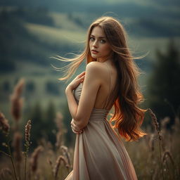 A serene Russian landscape featuring an elegant woman posing artistically in nature