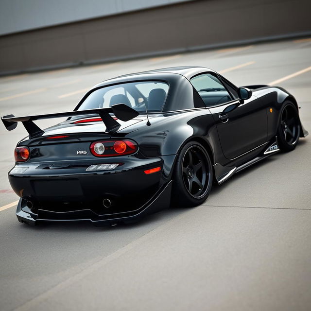 A high-resolution image depicting a second-generation Mazda MX-5 NB in sleek black, modified with a tuning style, captured from a distant perspective