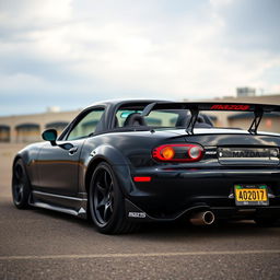 A high-resolution image depicting a second-generation Mazda MX-5 NB in sleek black, modified with a tuning style, captured from a distant perspective