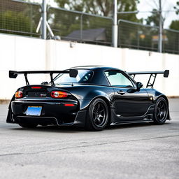 A high-resolution image depicting a second-generation Mazda MX-5 NB in sleek black, modified with a tuning style, captured from a distant perspective