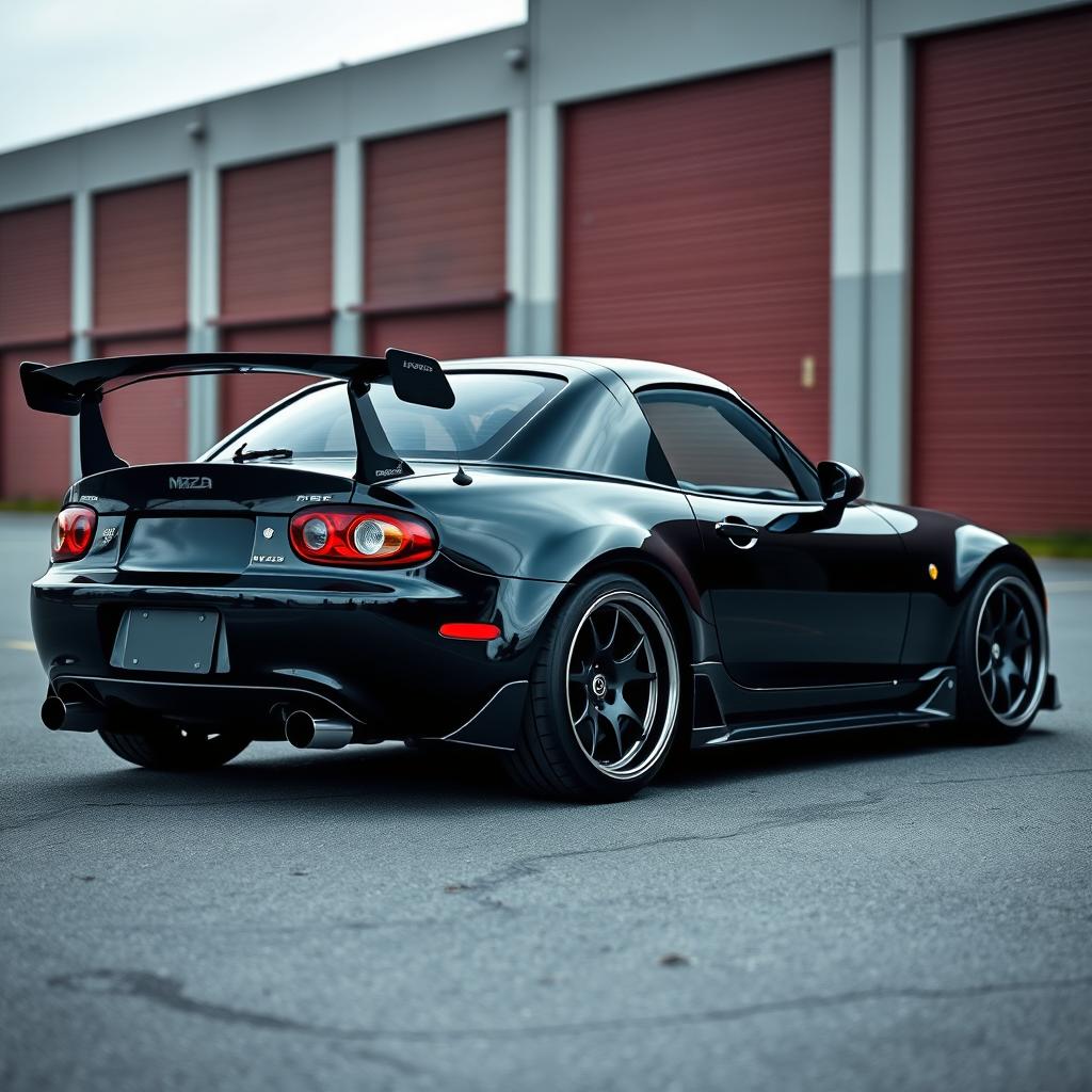 A high-resolution image depicting a second-generation Mazda MX-5 NB in sleek black, modified with a tuning style, captured from a distant perspective