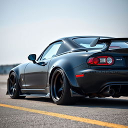 A high-resolution image depicting a second-generation Mazda MX-5 NB in sleek black, modified with a tuning style, captured from a distant perspective