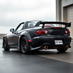 A high-resolution image depicting a second-generation Mazda MX-5 NB in sleek black, modified with a tuning style, captured from a distant perspective