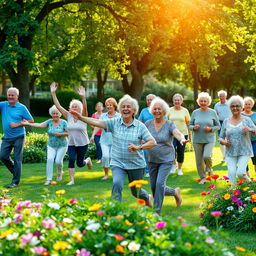 A group of senior citizens participating in a vibrant morning exercise session in a beautiful park filled with lush greenery and colorful flowers