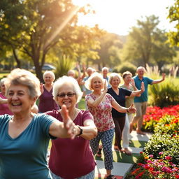 A group of senior citizens participating in a vibrant morning exercise session in a beautiful park filled with lush greenery and colorful flowers