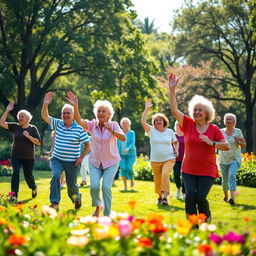 A group of senior citizens participating in a vibrant morning exercise session in a beautiful park filled with lush greenery and colorful flowers