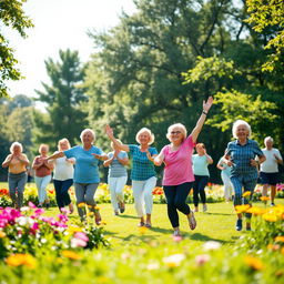 A group of senior citizens participating in a vibrant morning exercise session in a beautiful park filled with lush greenery and colorful flowers