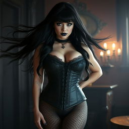 A thicc, big titty goth girl with flowing black hair, wearing a dark lace corset and fishnet stockings