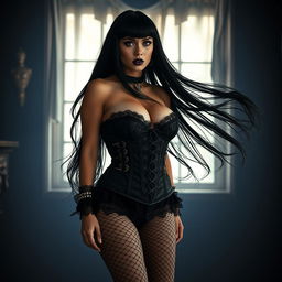 A thicc, big titty goth girl with flowing black hair, wearing a dark lace corset and fishnet stockings