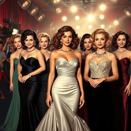 A collection of famous actresses from different eras in a Hollywood glamour setting, wearing elegant evening gowns, depicted against a backdrop of shining camera flashes and red carpet