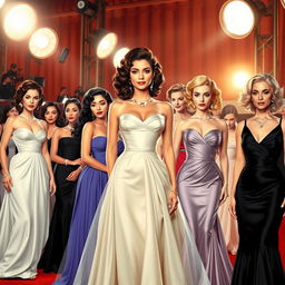 A collection of famous actresses from different eras in a Hollywood glamour setting, wearing elegant evening gowns, depicted against a backdrop of shining camera flashes and red carpet