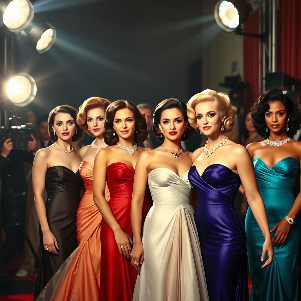 A collection of famous actresses from different eras in a Hollywood glamour setting, wearing elegant evening gowns, depicted against a backdrop of shining camera flashes and red carpet