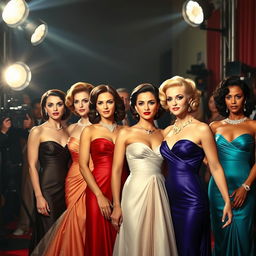 A collection of famous actresses from different eras in a Hollywood glamour setting, wearing elegant evening gowns, depicted against a backdrop of shining camera flashes and red carpet