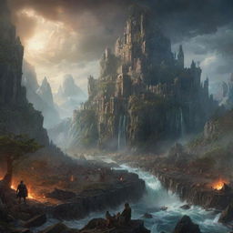 Vivid depiction of the discovered city in the Eldorian wilderness, overshadowed by chaos as Isabella awakens an ancient power. Capture the turbulent scene of the sleeping giant causing havoc, just about to wreck everything.