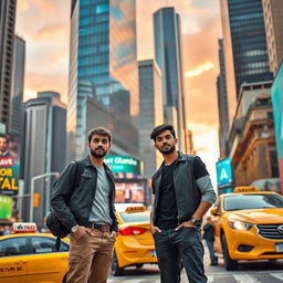 Two men in the bustling city, surrounded by towering skyscrapers and a vibrant cityscape