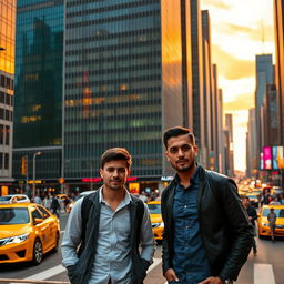 Two men in the bustling city, surrounded by towering skyscrapers and a vibrant cityscape