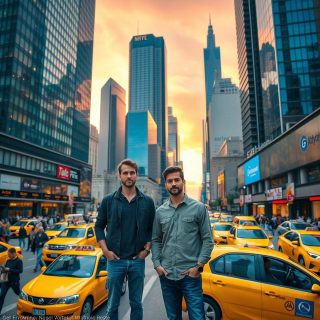 Two men in the bustling city, surrounded by towering skyscrapers and a vibrant cityscape