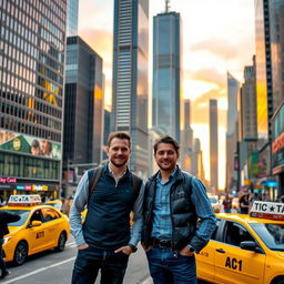 Two men in the bustling city, surrounded by towering skyscrapers and a vibrant cityscape