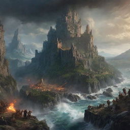 Vivid depiction of the discovered city in the Eldorian wilderness, overshadowed by chaos as Isabella awakens an ancient power. Capture the turbulent scene of the sleeping giant causing havoc, just about to wreck everything.