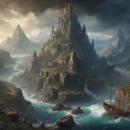 Vivid depiction of the discovered city in the Eldorian wilderness, overshadowed by chaos as Isabella awakens an ancient power. Capture the turbulent scene of the sleeping giant causing havoc, just about to wreck everything.