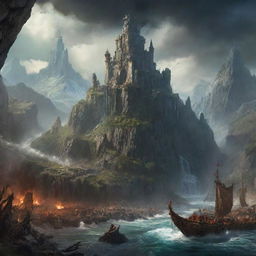 Vivid depiction of the discovered city in the Eldorian wilderness, overshadowed by chaos as Isabella awakens an ancient power. Capture the turbulent scene of the sleeping giant causing havoc, just about to wreck everything.