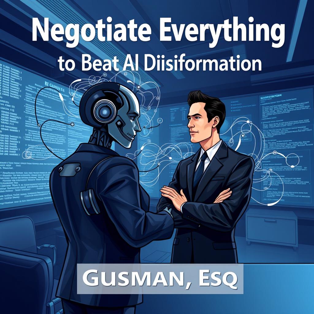 A sophisticated illustration of a professional negotiator in a suit, styled like a book cover, titled "Negotiate Everything to Beat AI & Disinformation by Gusman, Esq