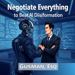 A sophisticated illustration of a professional negotiator in a suit, styled like a book cover, titled "Negotiate Everything to Beat AI & Disinformation by Gusman, Esq