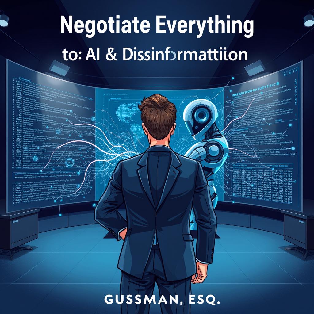 A sophisticated illustration of a professional negotiator in a suit, styled like a book cover, titled "Negotiate Everything to Beat AI & Disinformation by Gusman, Esq