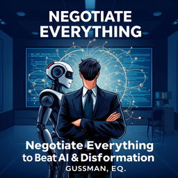 A sophisticated illustration of a professional negotiator in a suit, styled like a book cover, titled "Negotiate Everything to Beat AI & Disinformation by Gusman, Esq