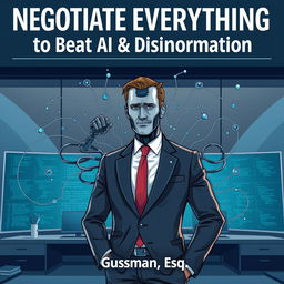 A sophisticated illustration of a professional negotiator in a suit, styled like a book cover, titled "Negotiate Everything to Beat AI & Disinformation by Gusman, Esq