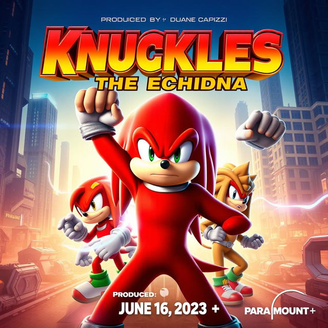 A dynamic and striking TV series poster for "Knuckles the Echidna", featuring Idris Elba as Knuckles in a powerful pose at the forefront